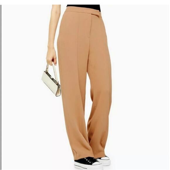 Topshop Wide Leg Pants Trousers High Rise Size 8 Tan Center Crease Closet Staple - Picture 1 of 14